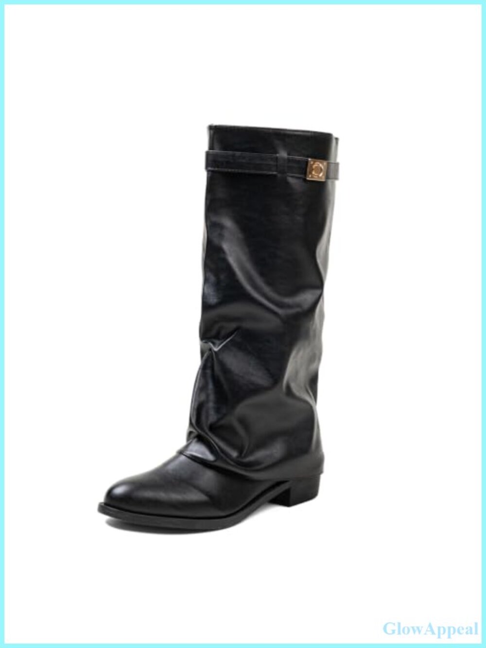 Faux Leather Knee High Wide Calf Fold Over Boots Block Heel Pointed Toe Pull On